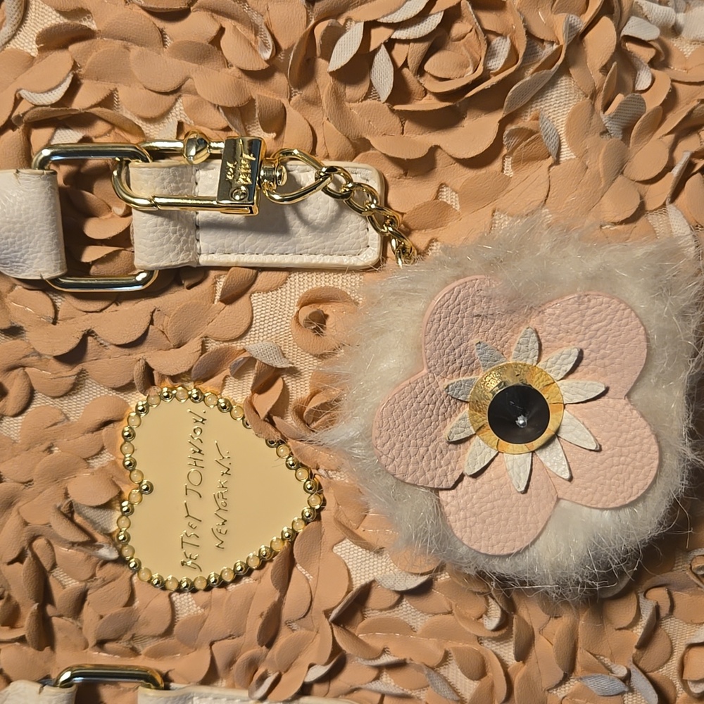 Betsey Johnson Floral Rosette Cream And Pink Satchel With Bag Charm - Picture 3 of 13